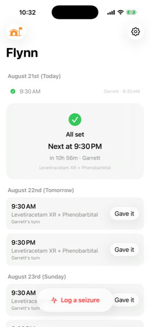 Flynn's schedule for today, with the morning dose already confirmed and tomorrow's doses labelled with whose turn each one is